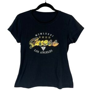 GUESS Womens 1981 Gold Applique Sequins Embroidery 80s 90s Biker Black Tshirt S
